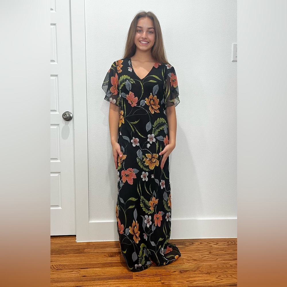 Vintage Floral Gown with Flutter Sleeves